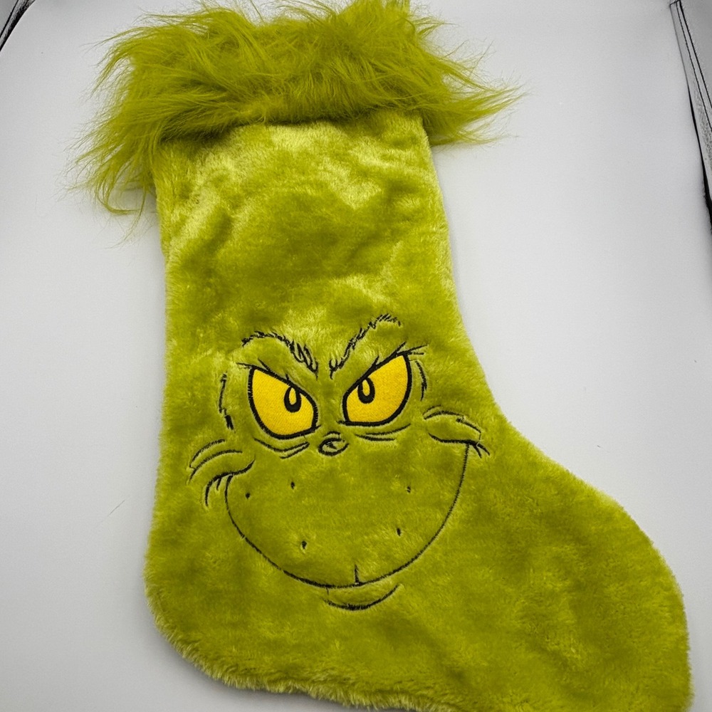 Dr. Seuss The Grinch Christmas Stocking Lime Green Plush Faux Fur Trim Holiday